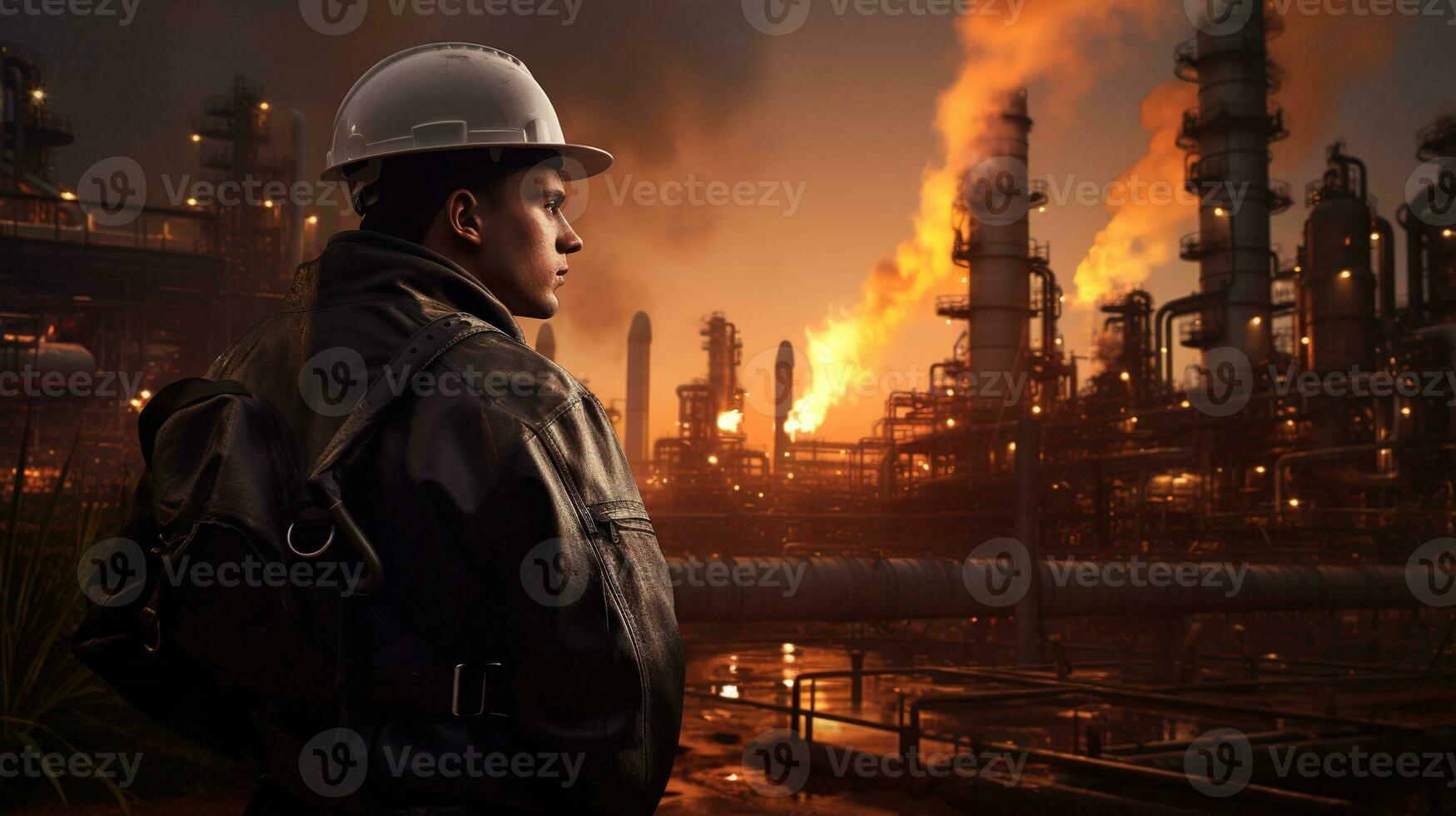 a man in a hard hat and jacket standing in front of an oil refinery. AI Generative photo