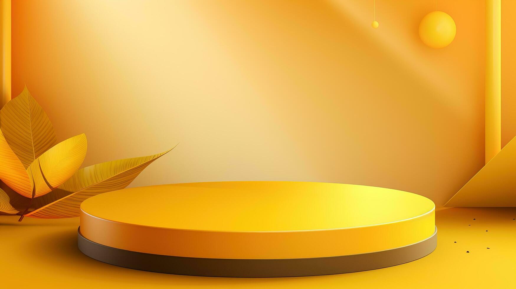 yellow podium with leaves and a yellow background. AI generative photo