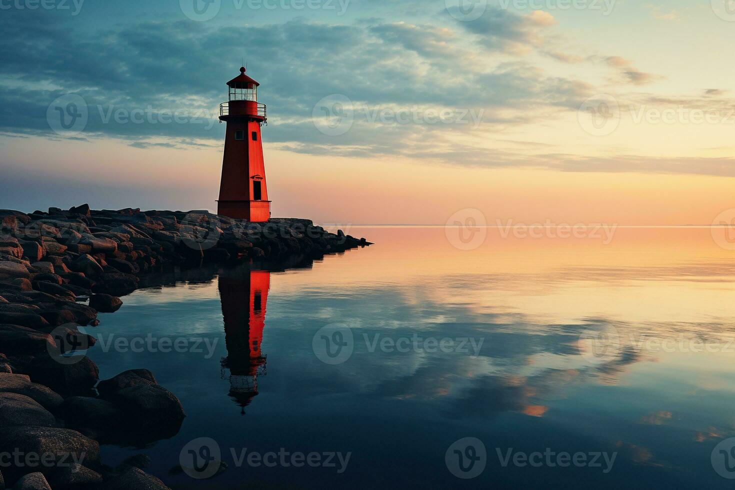 Lighthouse on the seashore in evening, beautiful landscape. Seascape, signal building on the seashore. Coastal landscape with a lighthouse. Generated by artificial intelligence photo