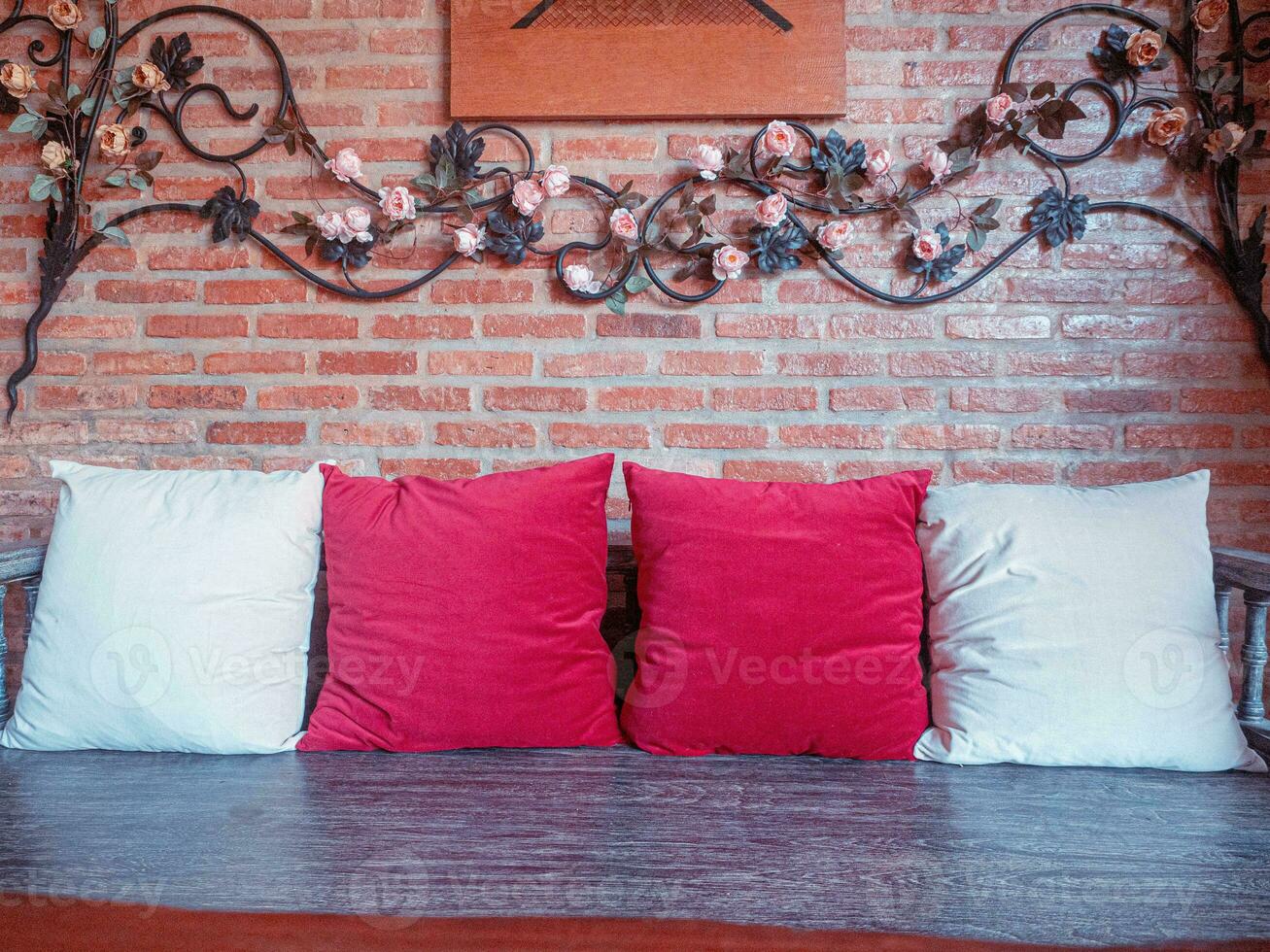 pillow red white color brick wall background wallpaper texture concrete decoration ornament merry christmas happy new year december winter holiday gift box season light celebration festival present photo