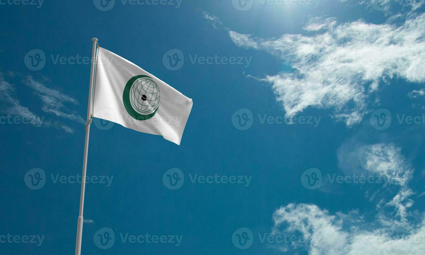 Organisation of Islamic Cooperation OIC flag green moon earth line worldwide global planet blue sky cloudy background wallpaper copy space conflict war military area culture islamic israel palestine photo