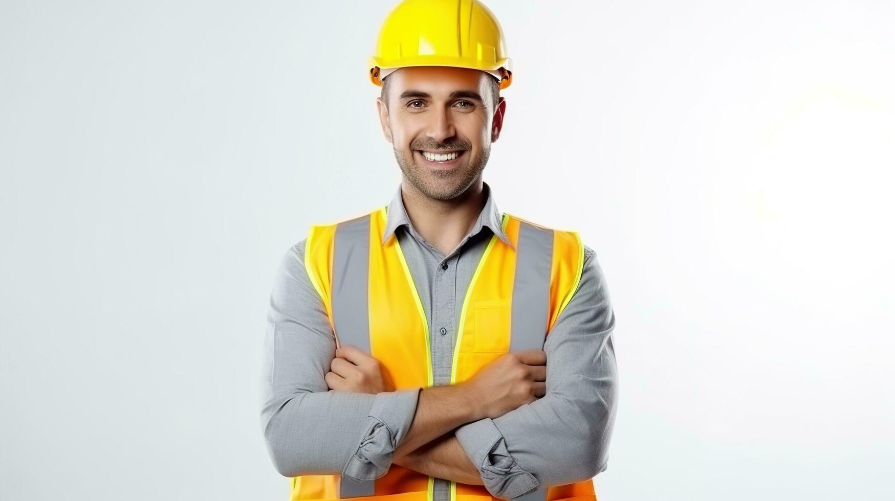 portrait of a smiling man in yellow hard hat and safety vest. generative ai photo
