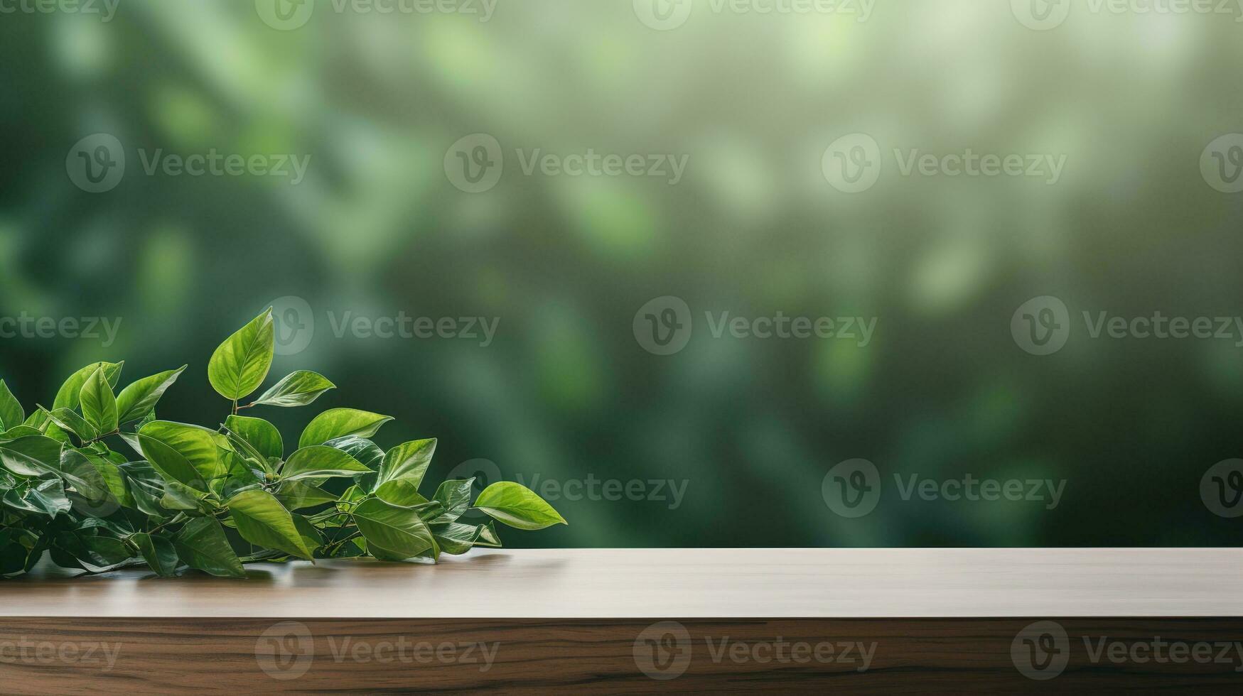 green plant on wooden table with blurred, generative ai. .generative ai. background photo