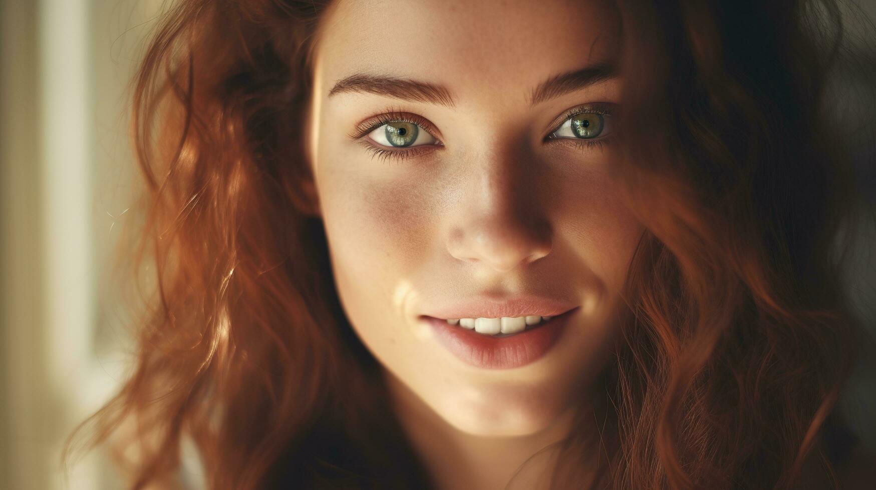 a woman with long red hair and green eyes. generative ai photo