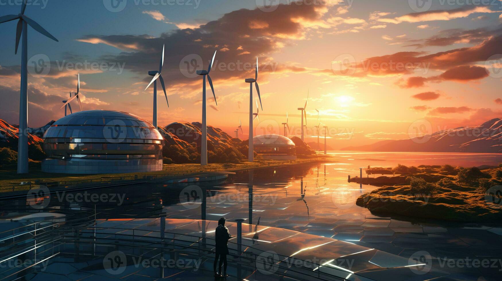 an image of a wind farm at sunset. AI generative photo