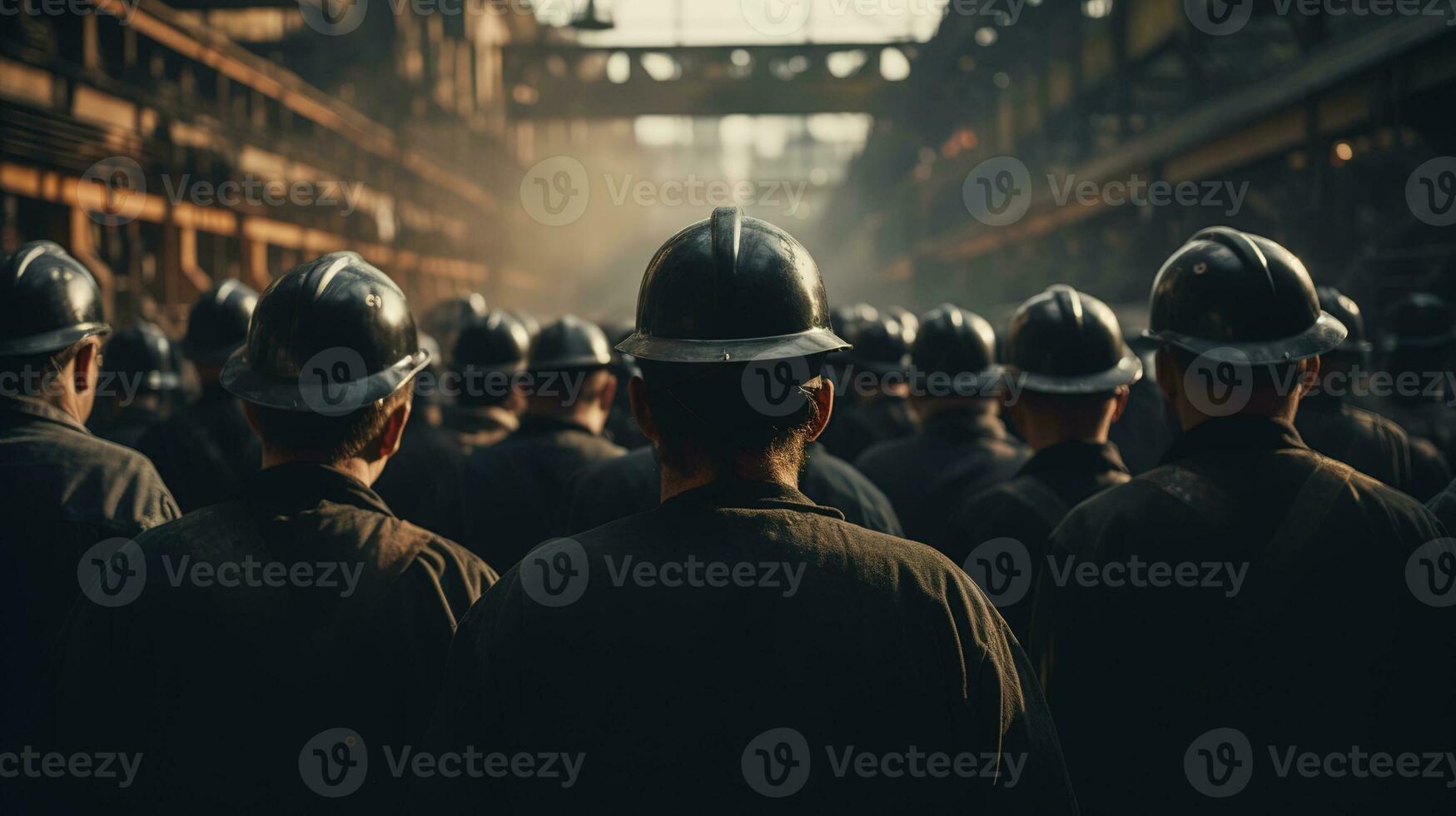 a group of men in hard hats standing in a factory. AI generative photo