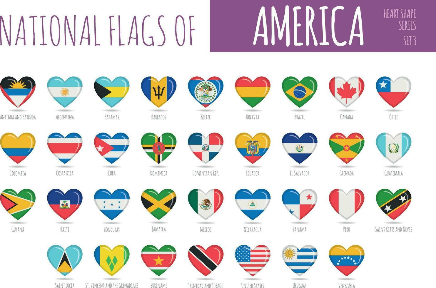 Set of 35 heart shaped flags of the countries of America. Icon set Vector Illustration.