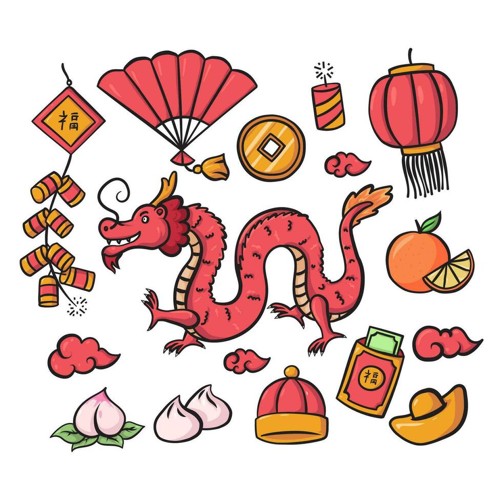 hand drawn doodle illustration of chinese new year 2024 year of dragon with other element object icons vector