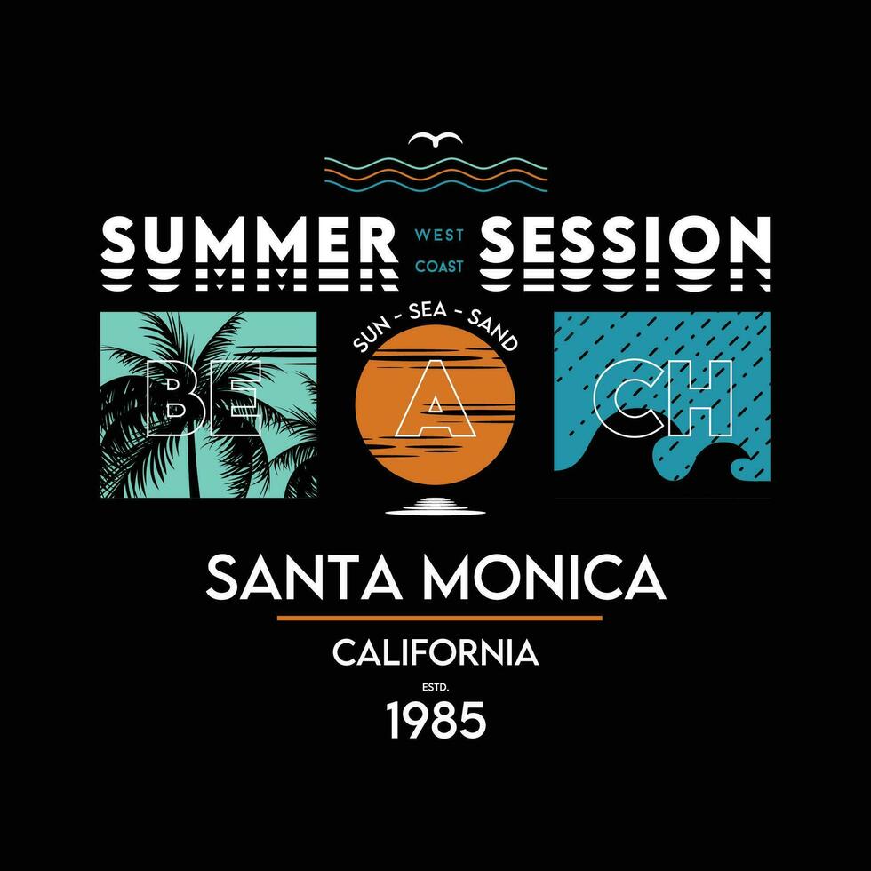 summer session santa monica beach graphic design, typography vector, illustration, for print t shirt, cool modern style vector