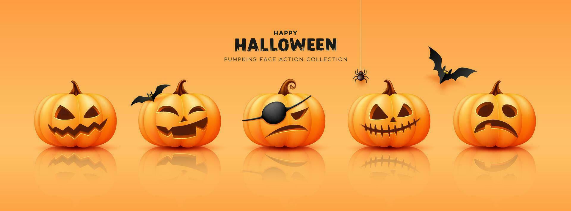 Pumpkins face action collections with shadow, halloween concept design on orange background, Eps 10 vector illustration