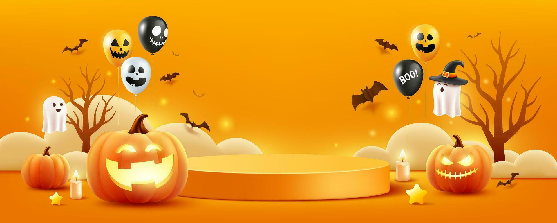 Víspera de Todos los Santos naranja podio, calabazas, fantasmas, vela, y murciélago volador, globos, arboles bandera diseño en naranja fondo, eps 10 vector ilustración