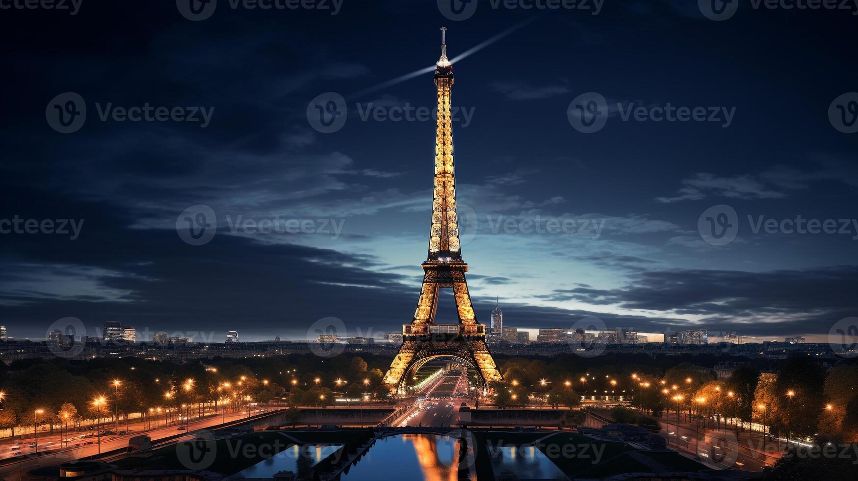 Night view of Eiffel Tower. Generative AI photo