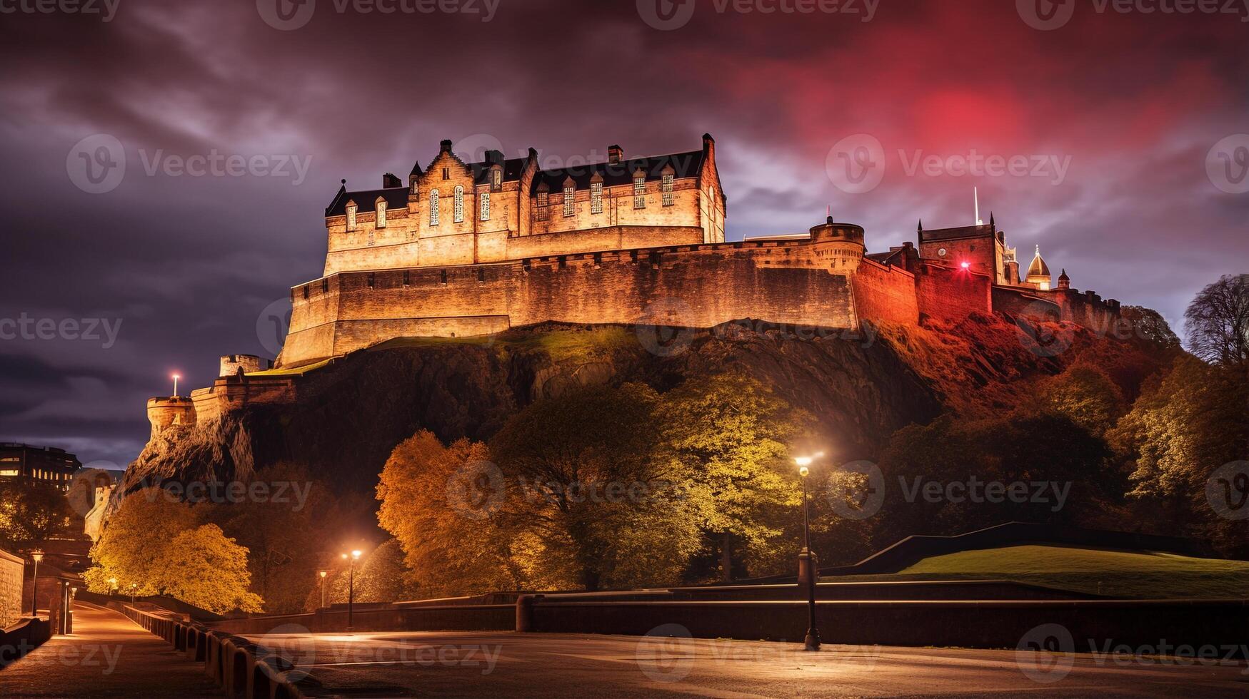 Night view of Edinburgh Castle. Generative AI photo