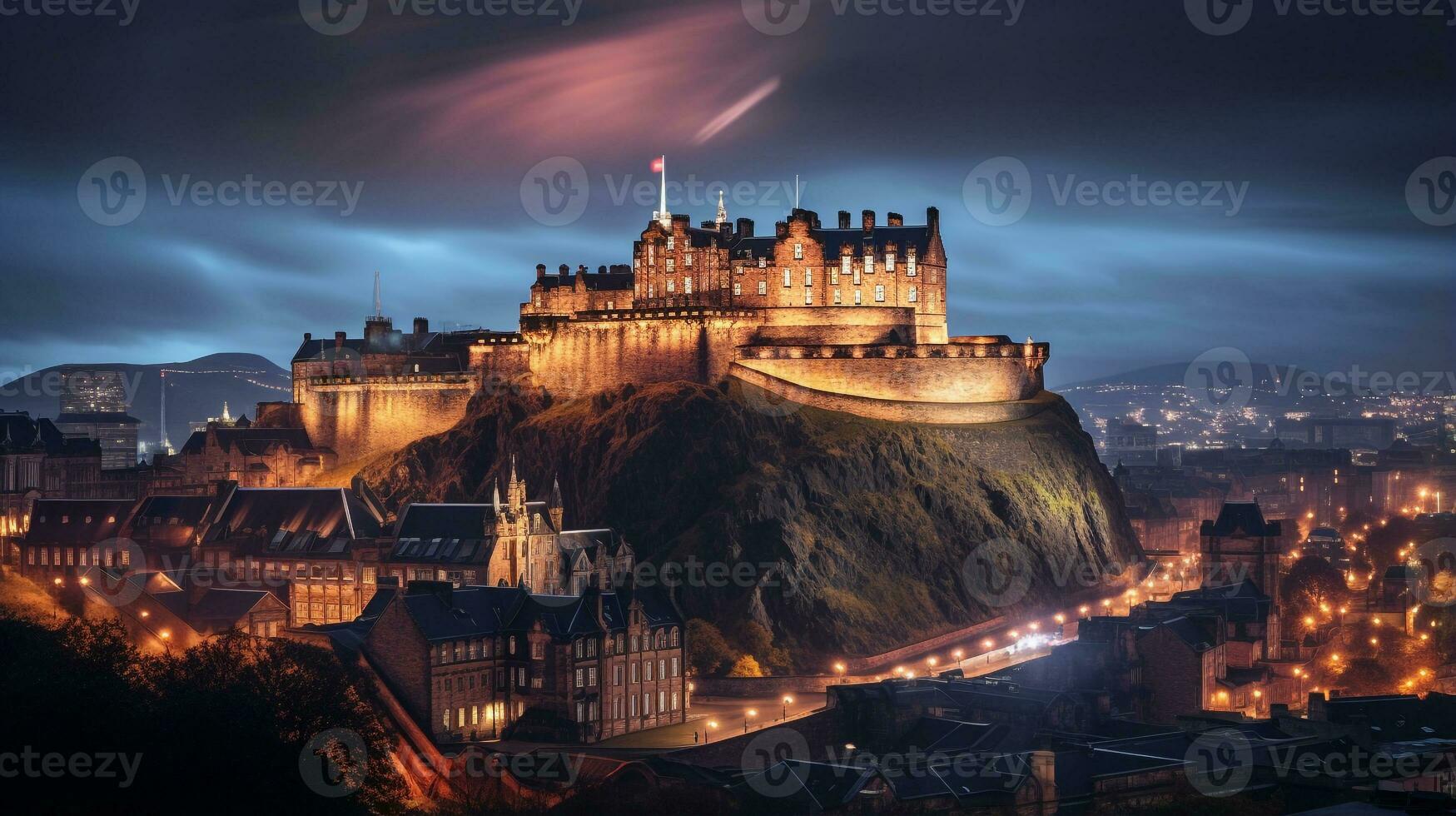 Night view of Edinburgh Castle. Generative AI photo