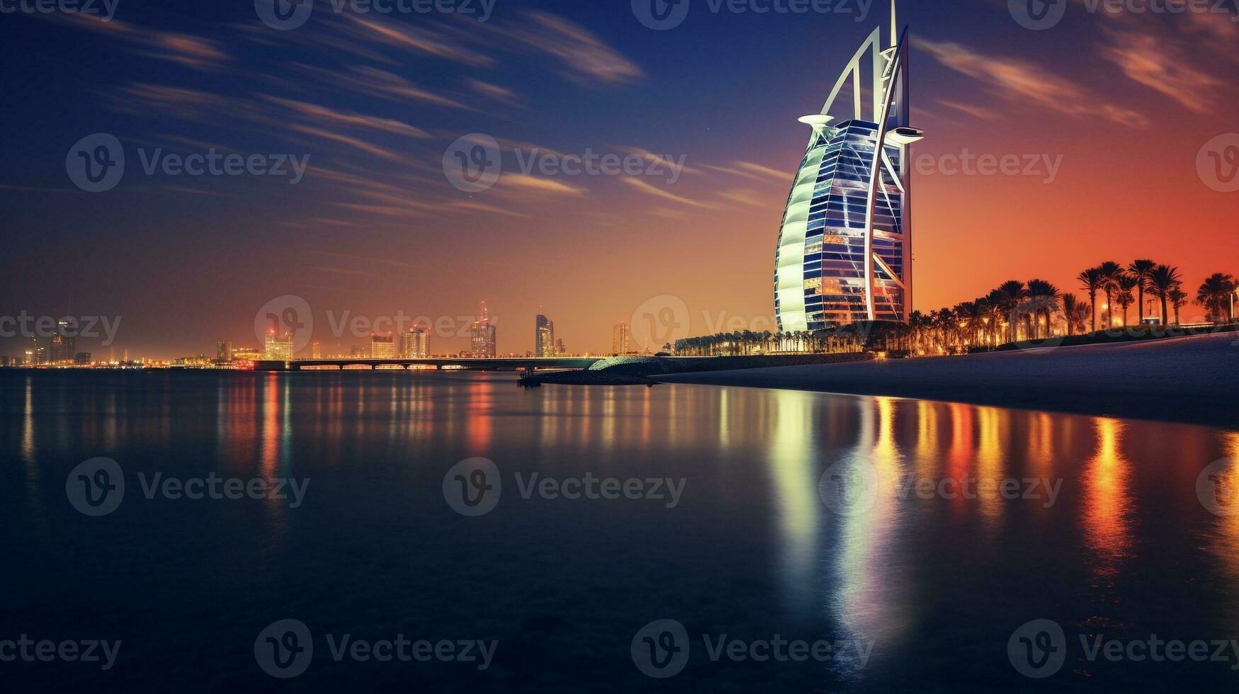 Night view of Burj Al Arab. Generative AI photo