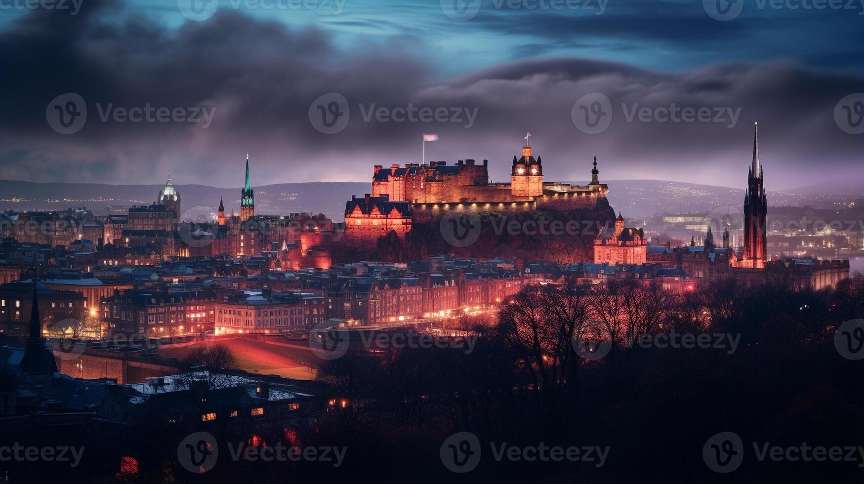 Night view of Edinburgh Castle. Generative AI photo