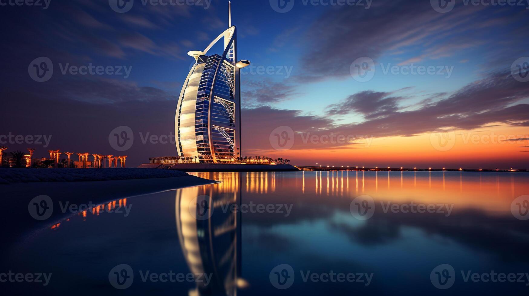 Night view of Burj Al Arab. Generative AI photo