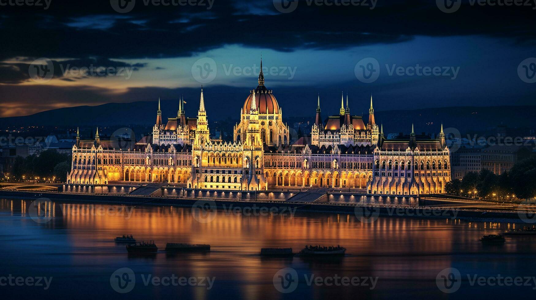 noche ver de Budapest parlamento. generativo ai foto