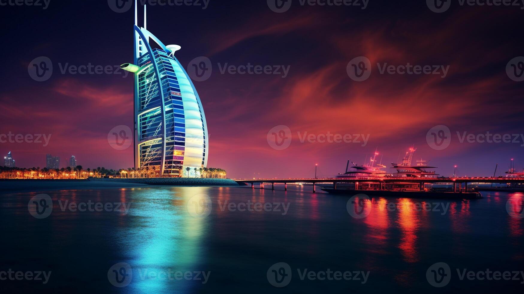 Night view of Burj Al Arab. Generative AI photo