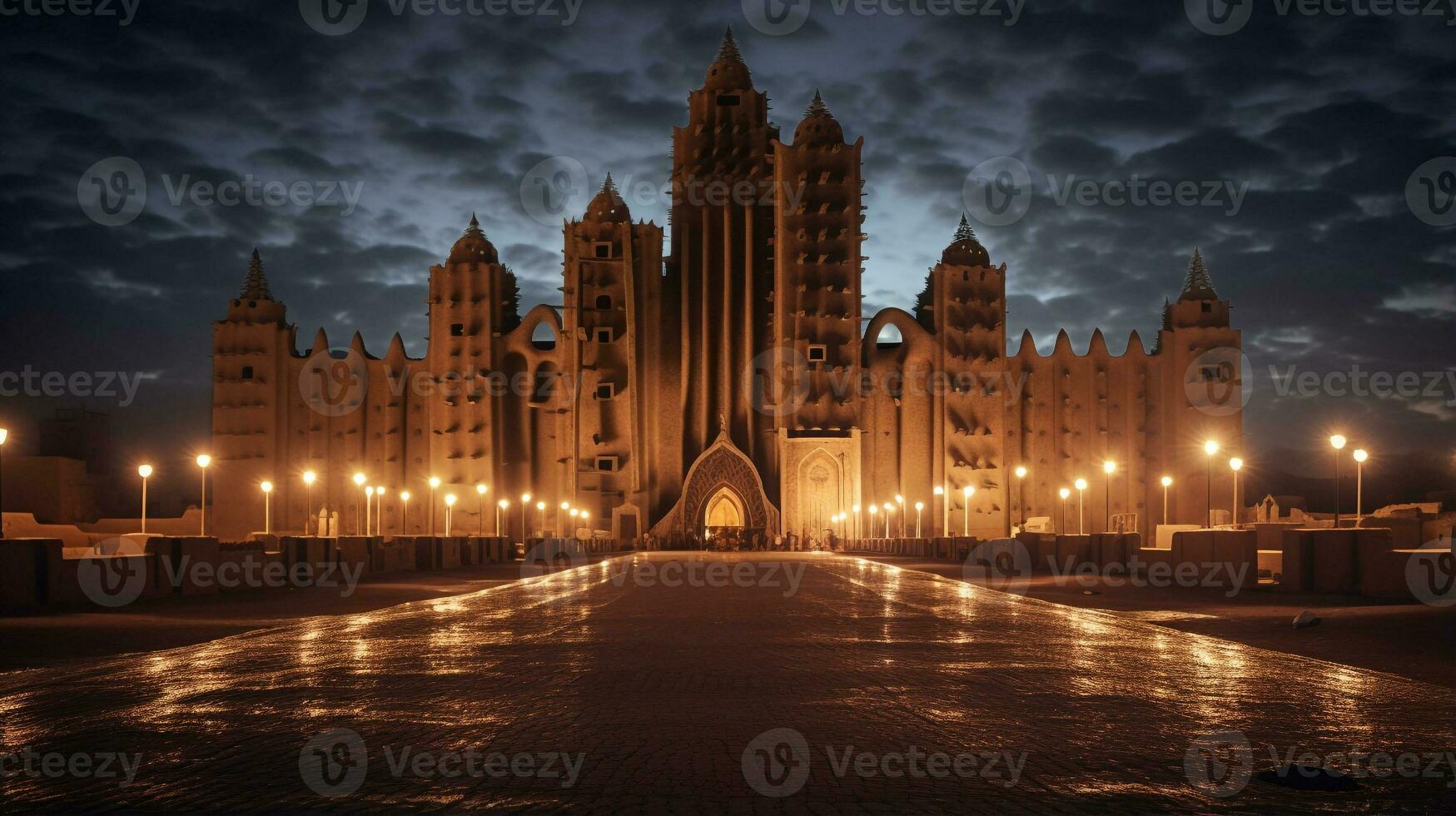 Night view of Great Mosque of Djenne. Generative AI photo