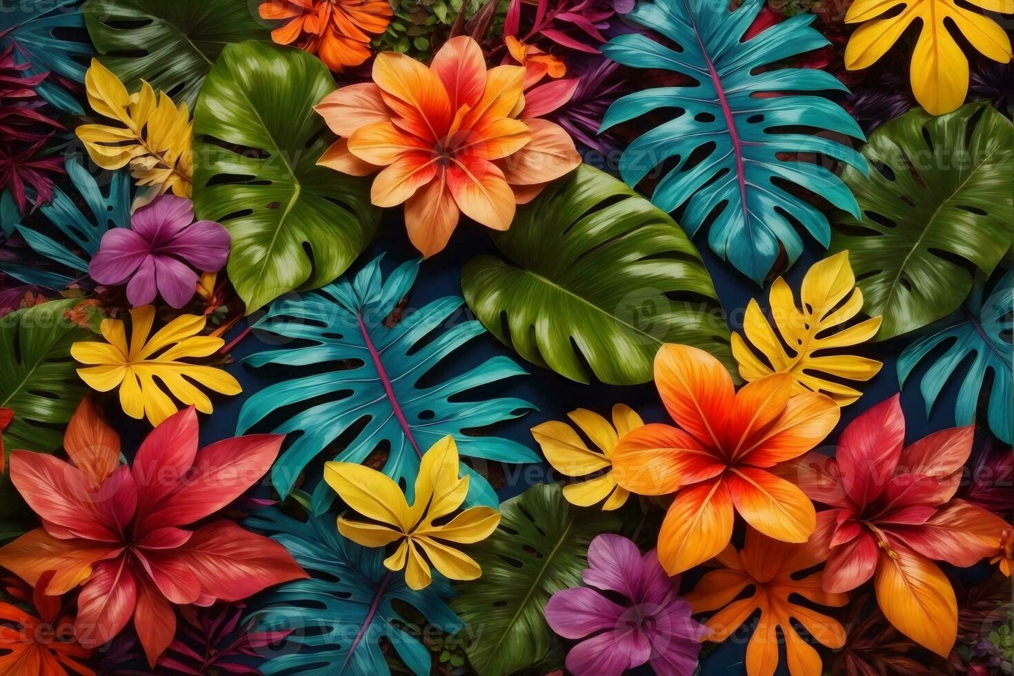 Colorful Tropical Leaves and Flowers, Tropical Flower Background, Exotic Leaves Background, Tropical Flower Wallpaper, AI Generative photo