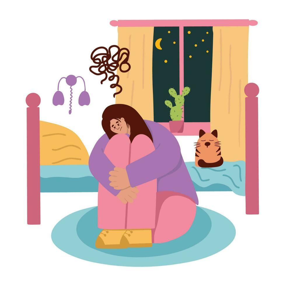 Depression. A sad girl sits in a room with bad thoughts in her head. Loneliness. Flat illustration vector