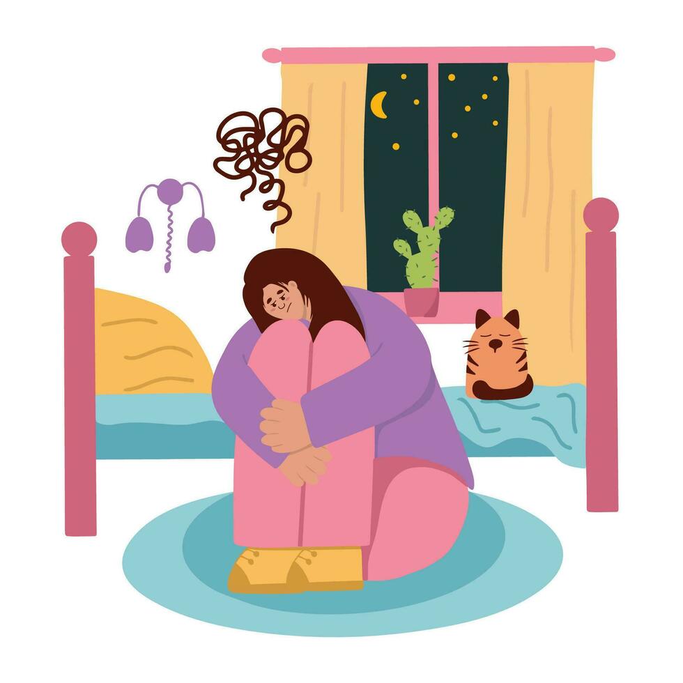 depresión. un triste niña se sienta en un habitación con malo pensamientos en su cabeza. soledad. plano ilustración vector