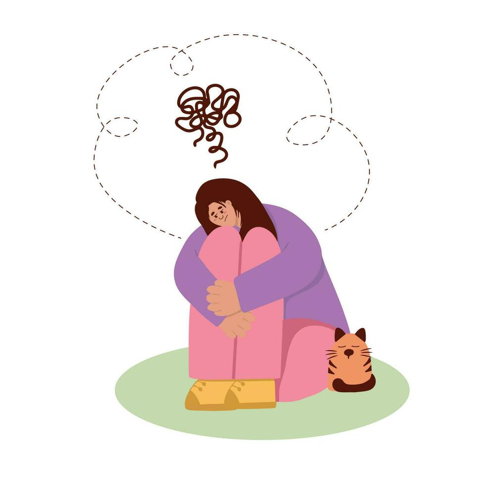 Depression. Sad girl with bad thoughts in her head. Sleep disorder. Flat illustration vector