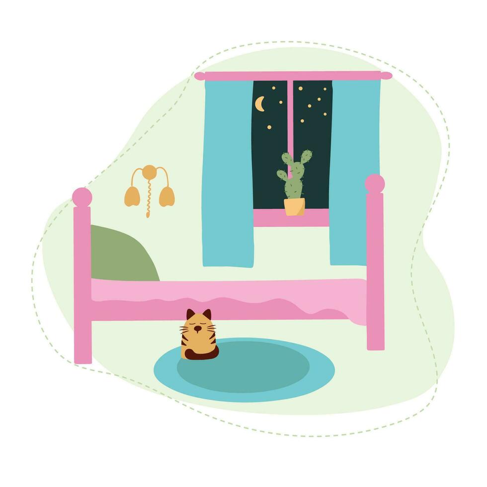 Cozy bedroom with a pink bed, a window and a cat. Room interior. Flat vector illustration