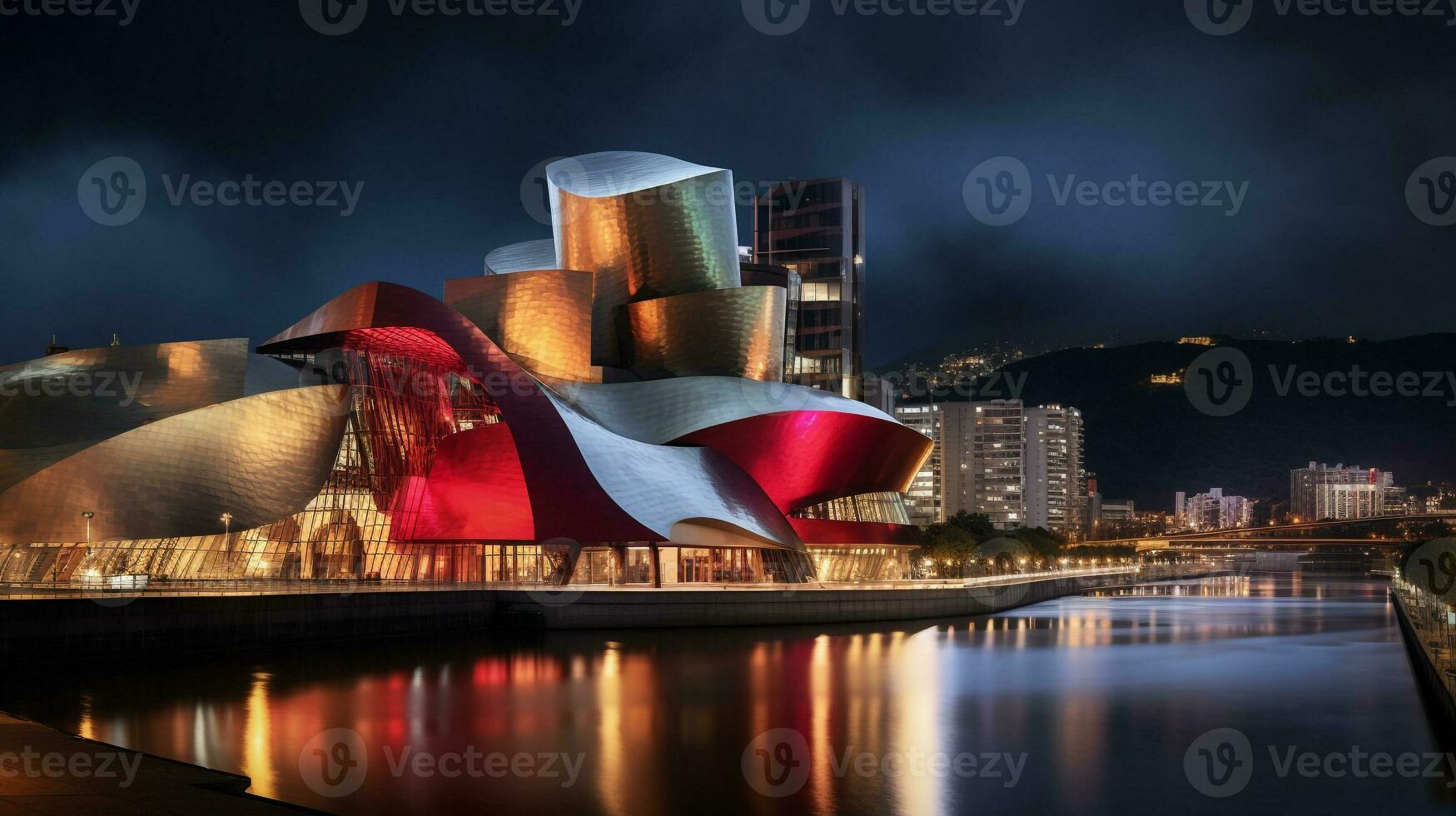 Night view of Guggenheim Museum Bilbao. Generative AI photo