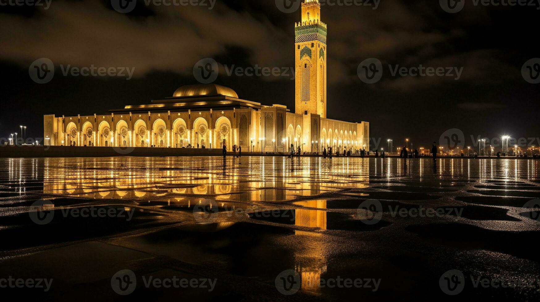 Night view of Hassan II Mosque. Generative AI photo