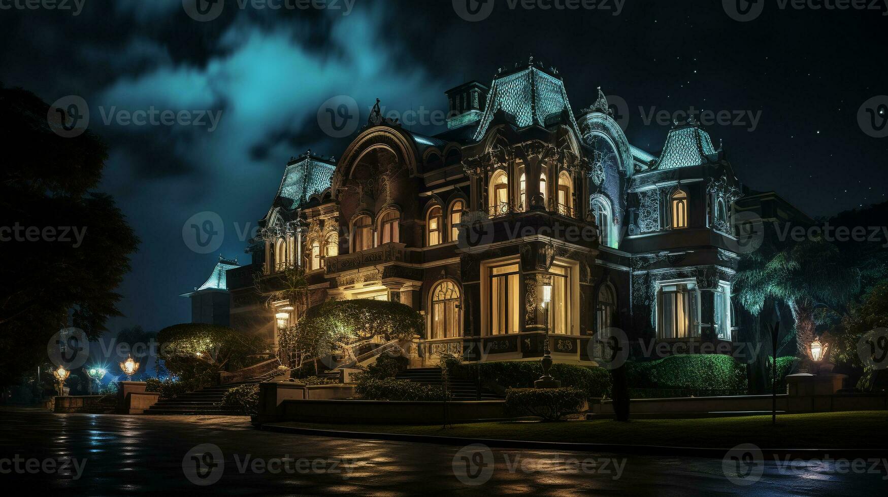 Night view of House of Wonders. Generative AI photo