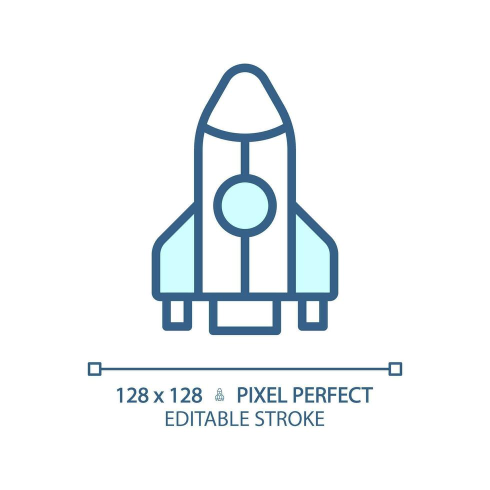 Rocket pixel perfect light blue icon. Space vehicle. Aerospace engineering. New product. Future technology. RGB color sign. Simple design. Web symbol. Contour line. Flat illustration. Isolated object vector