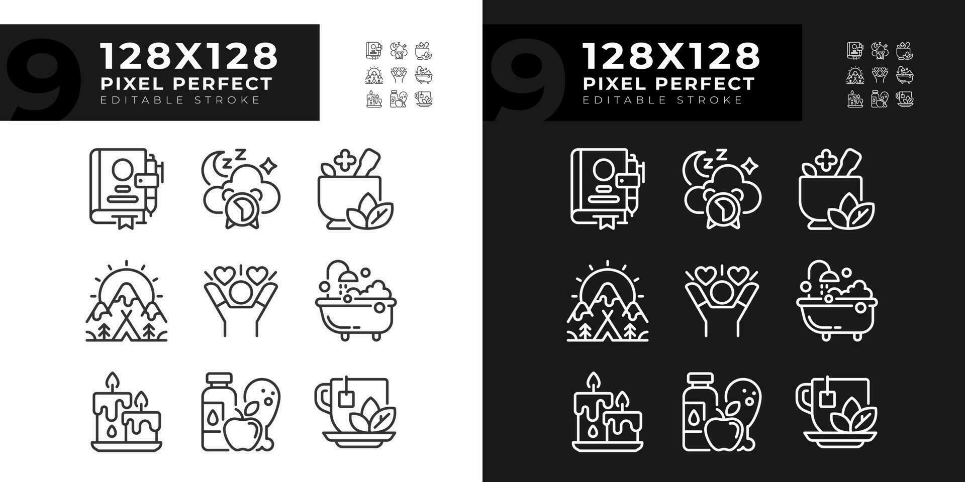 2D pixel perfect light and dark mode icons set representing meditation, editable thin line wellness illustration. vector