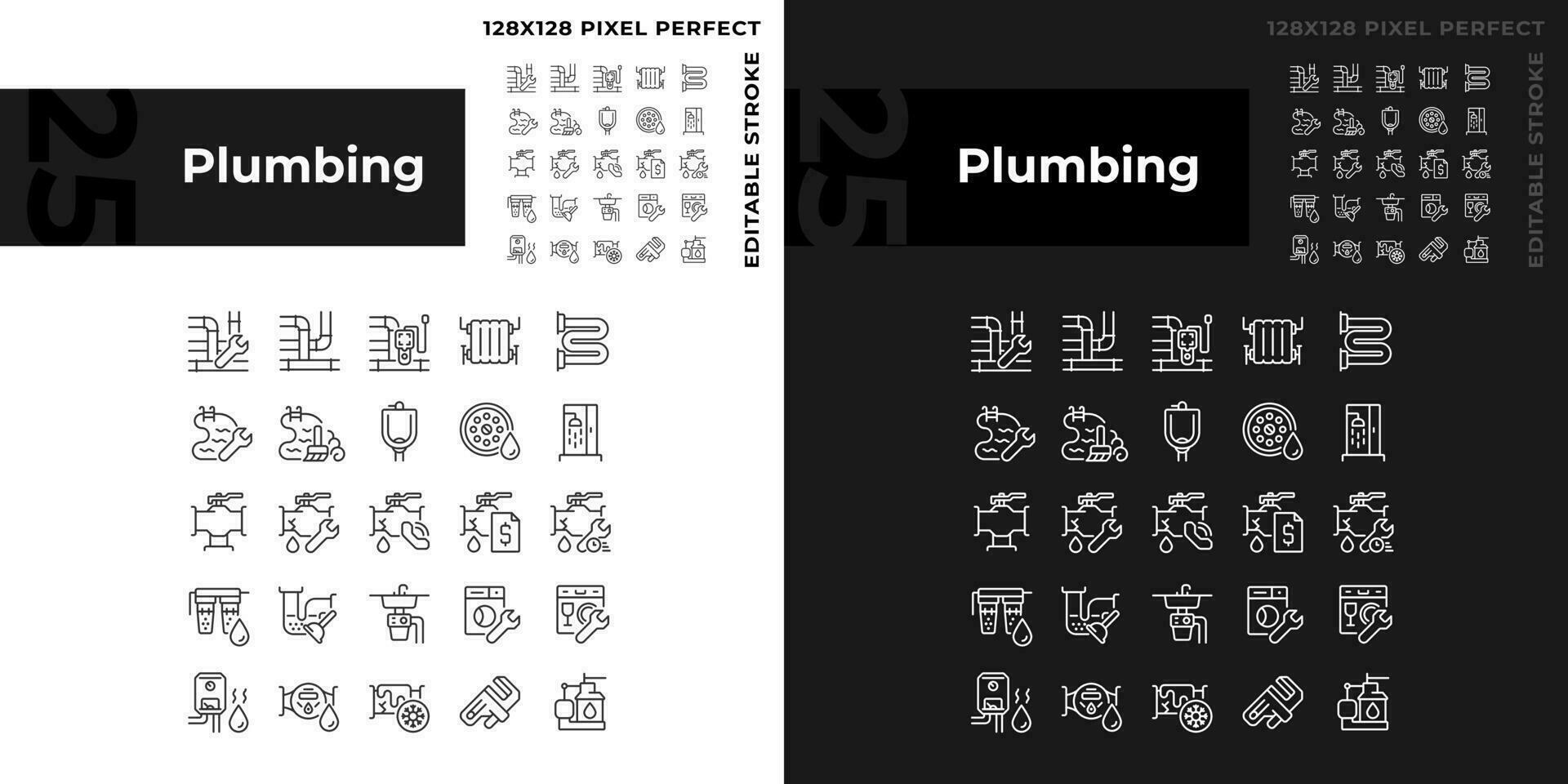 Pixel perfect dark and light icons set representing plumbing, editable thin line illustration. vector