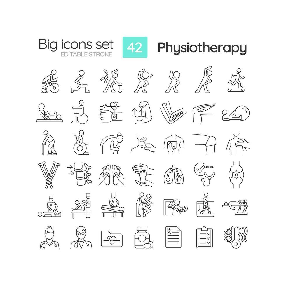 Physiotherapy linear icons set. Physical therapy. Rehabilitation center. Back pain. Sport injury. Customizable thin line symbols. Isolated vector outline illustrations. Editable stroke
