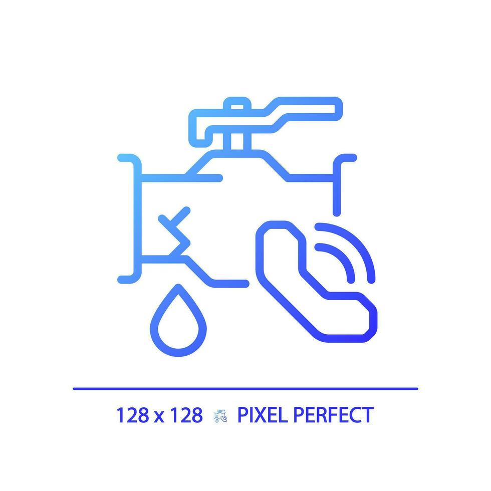 2D pixel perfect gradient icon pipe leakage with call icon, isolated vector, blue thin line illustration representing plumbing. vector