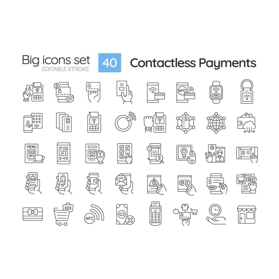 Contactless payment linear icons set. Debit card. Pay with phone Online banking. Pos terminal. Nfc technology. Customizable thin line symbols. Isolated vector outline illustrations. Editable stroke