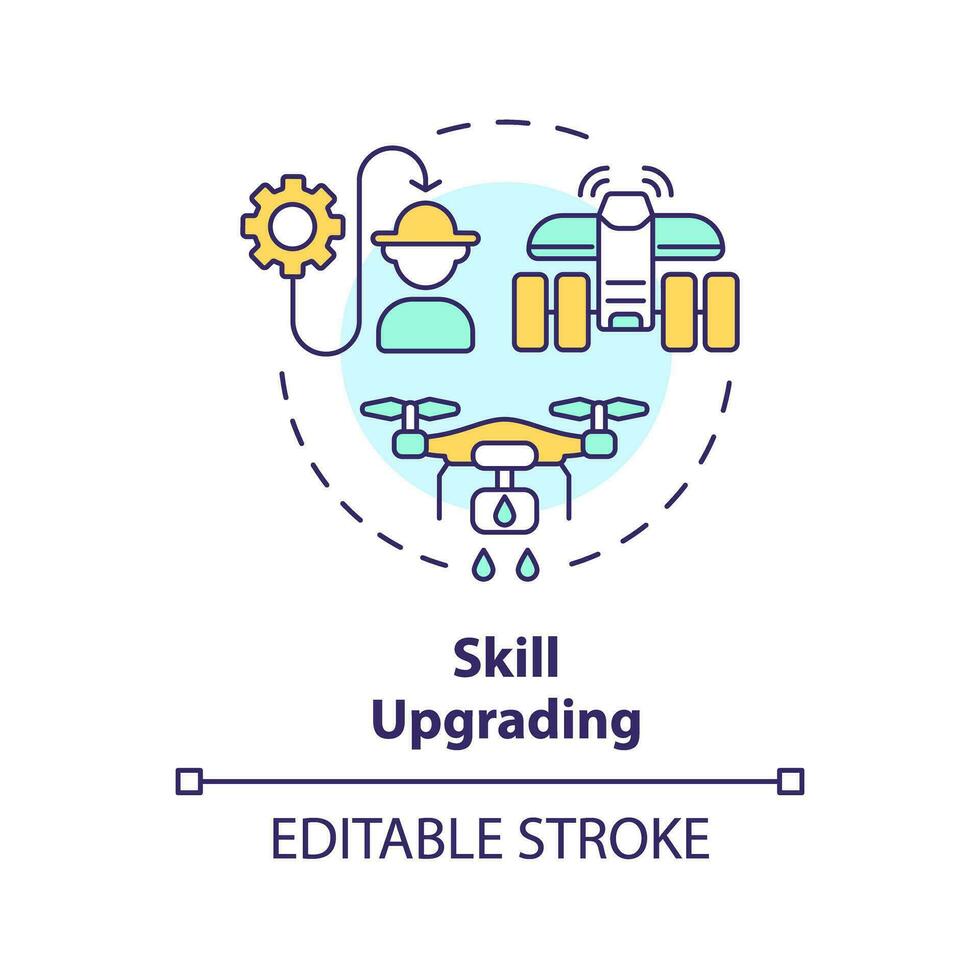 Skill upgrading multi color concept icon. Automation technology. Skilled workforce. Farm worker. Farming tech. New knowledge. Round shape line illustration. Abstract idea. Graphic design. Easy to use vector