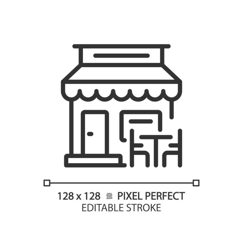 2D pixel perfect editable black cafe icon, isolated vector, building thin line illustration. vector