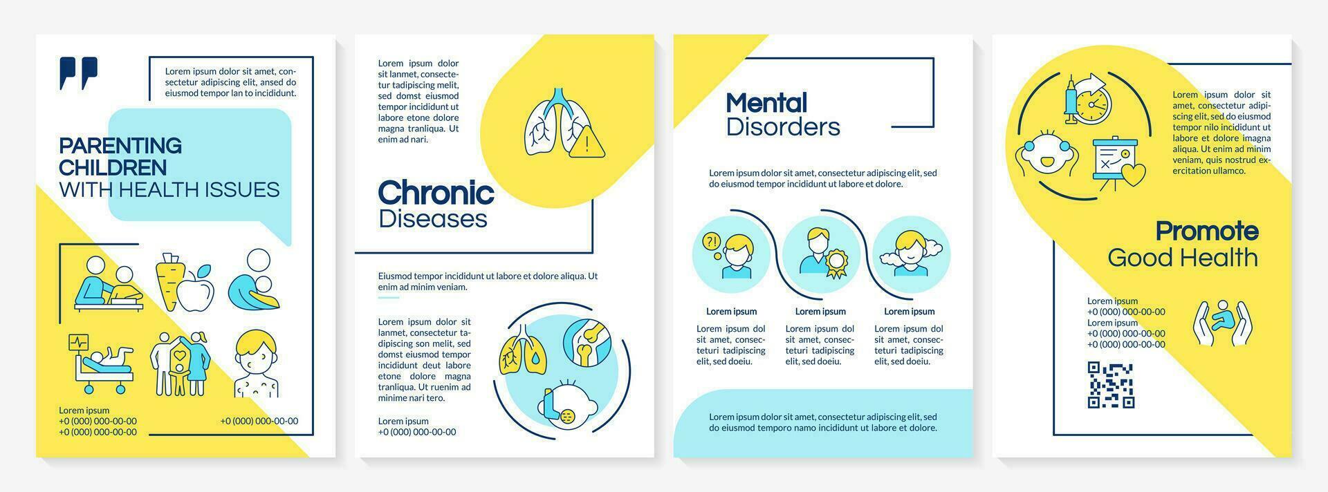 Multicolor parenting children with health issues brochure template, leaflet design with thin linear icons, 4 vector layouts.