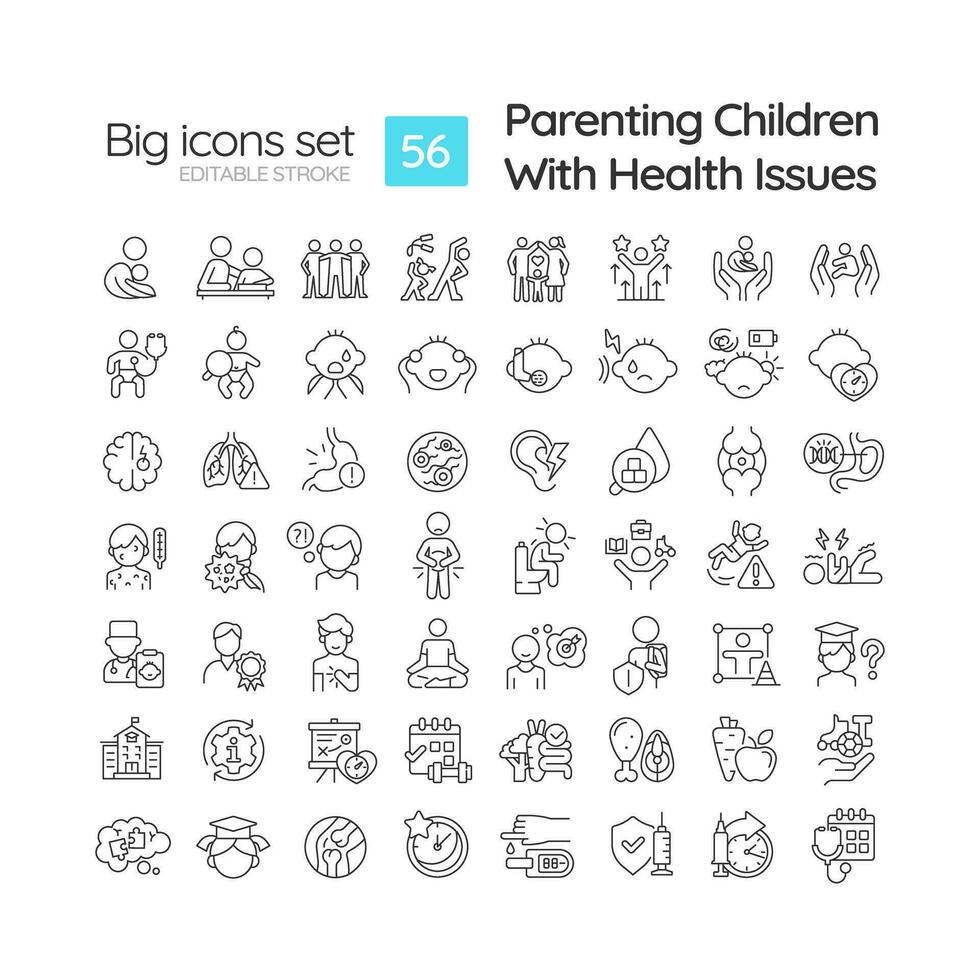 Editable black simple thin line big icons set representing parenting children, isolated vector, linear illustration. vector