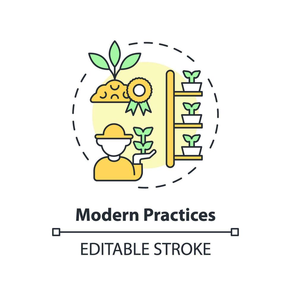 Modern practices multi color concept icon. Organic farming. Advanced technology. Crop yield. Food production. Farm industry. Round shape line illustration. Abstract idea. Graphic design. Easy to use vector