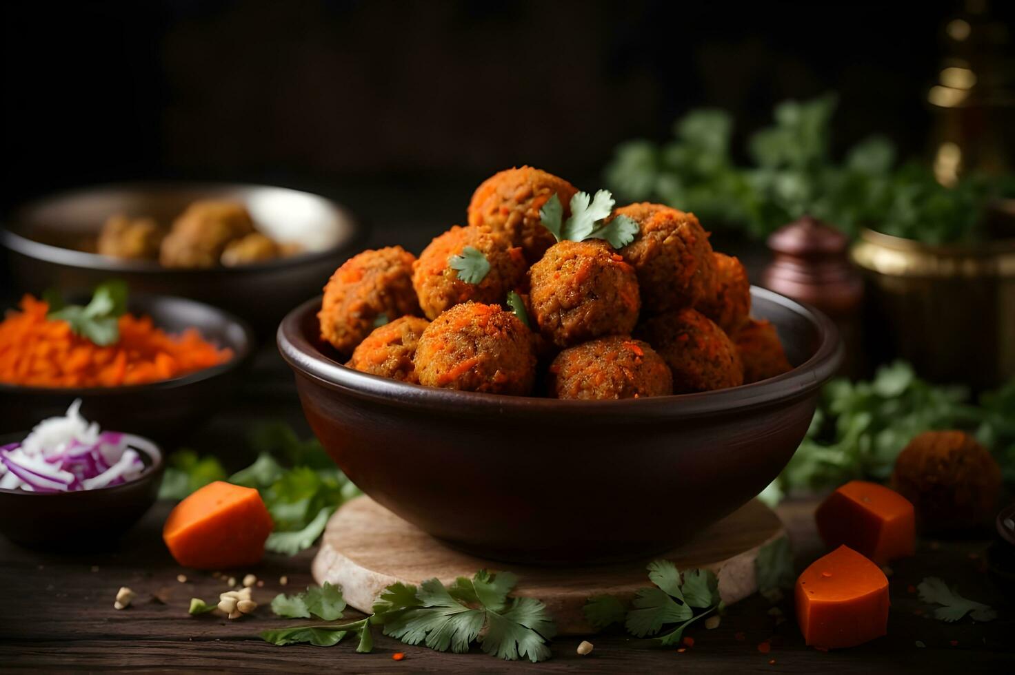 Home made south Indian spicy carrot pickle on a rustic dark wooden background - selective focus Chicken Gola kabab, small meat balls with hole frozen home made food. 4k regulation AI generated. photo