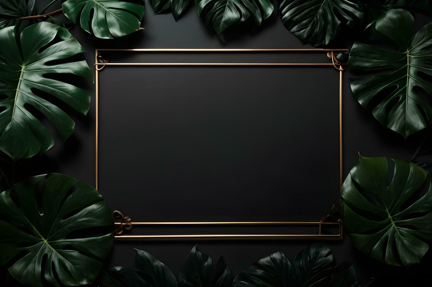 Black shiny monster leaves creative layout border frame dark paper background flatly. AI Generated photo