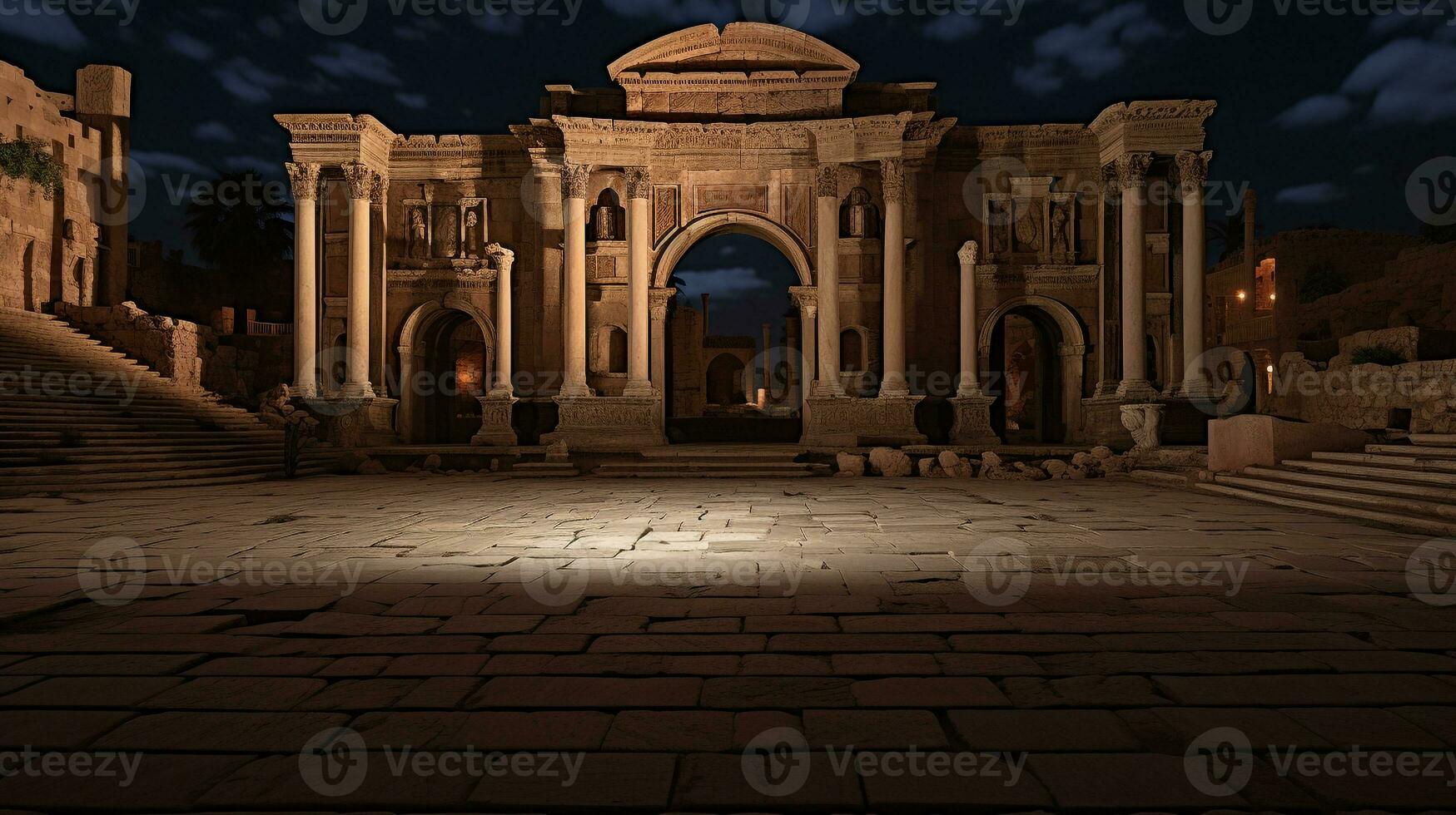 Night view of Leptis Magna. Generative AI photo