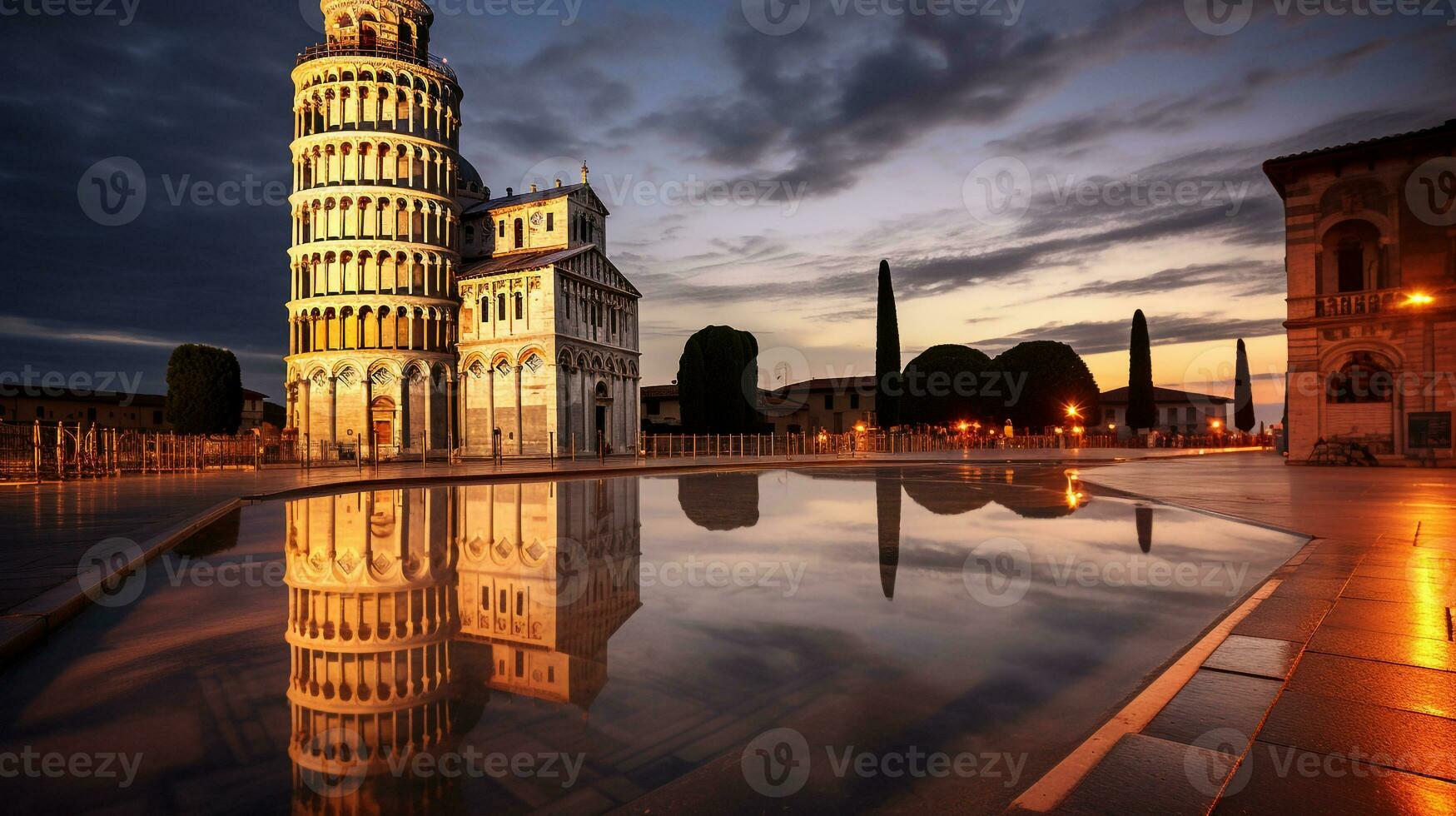 Night view of Leaning Tower of Pisa. Generative AI photo