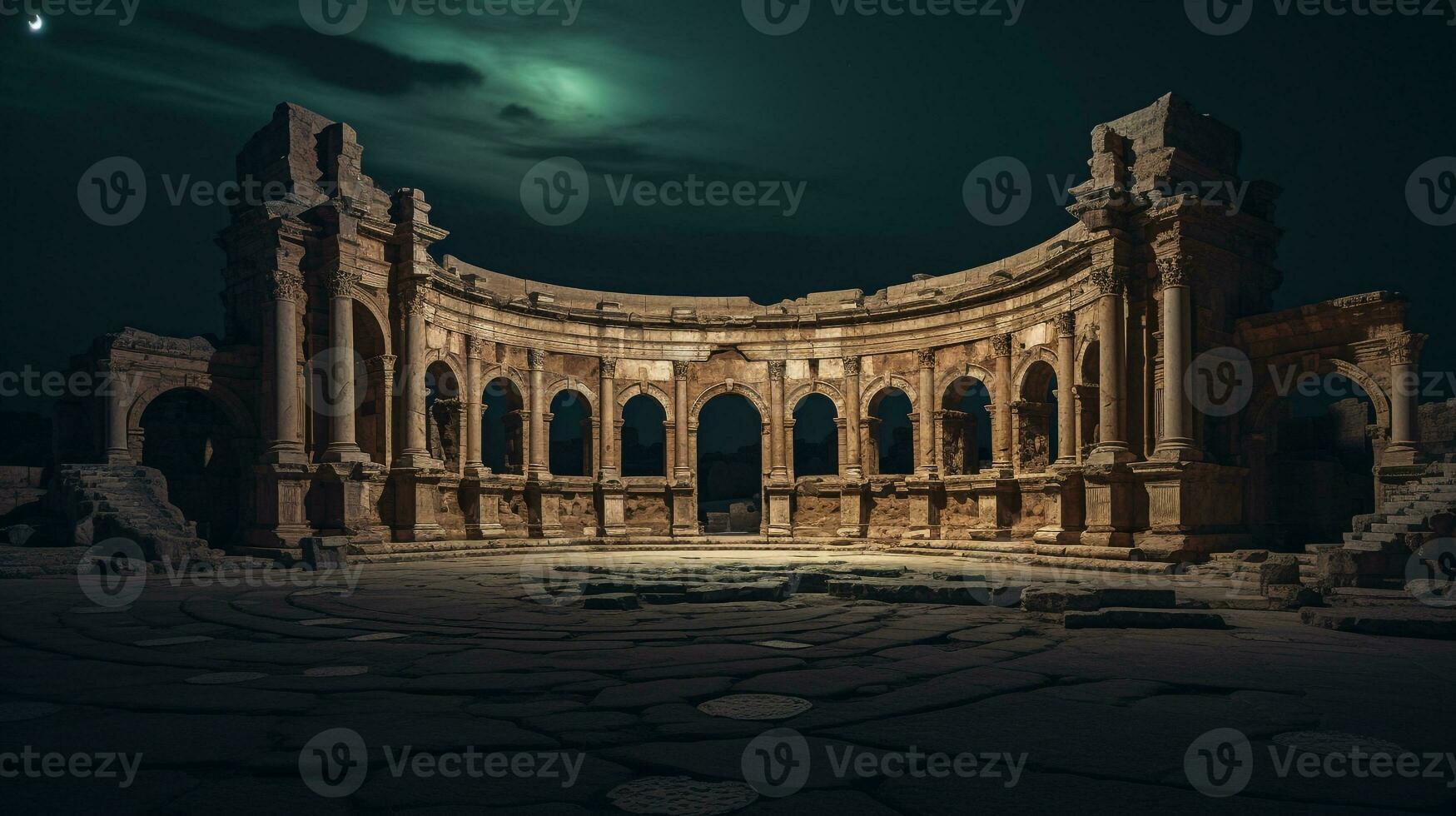 Night view of Leptis Magna. Generative AI photo