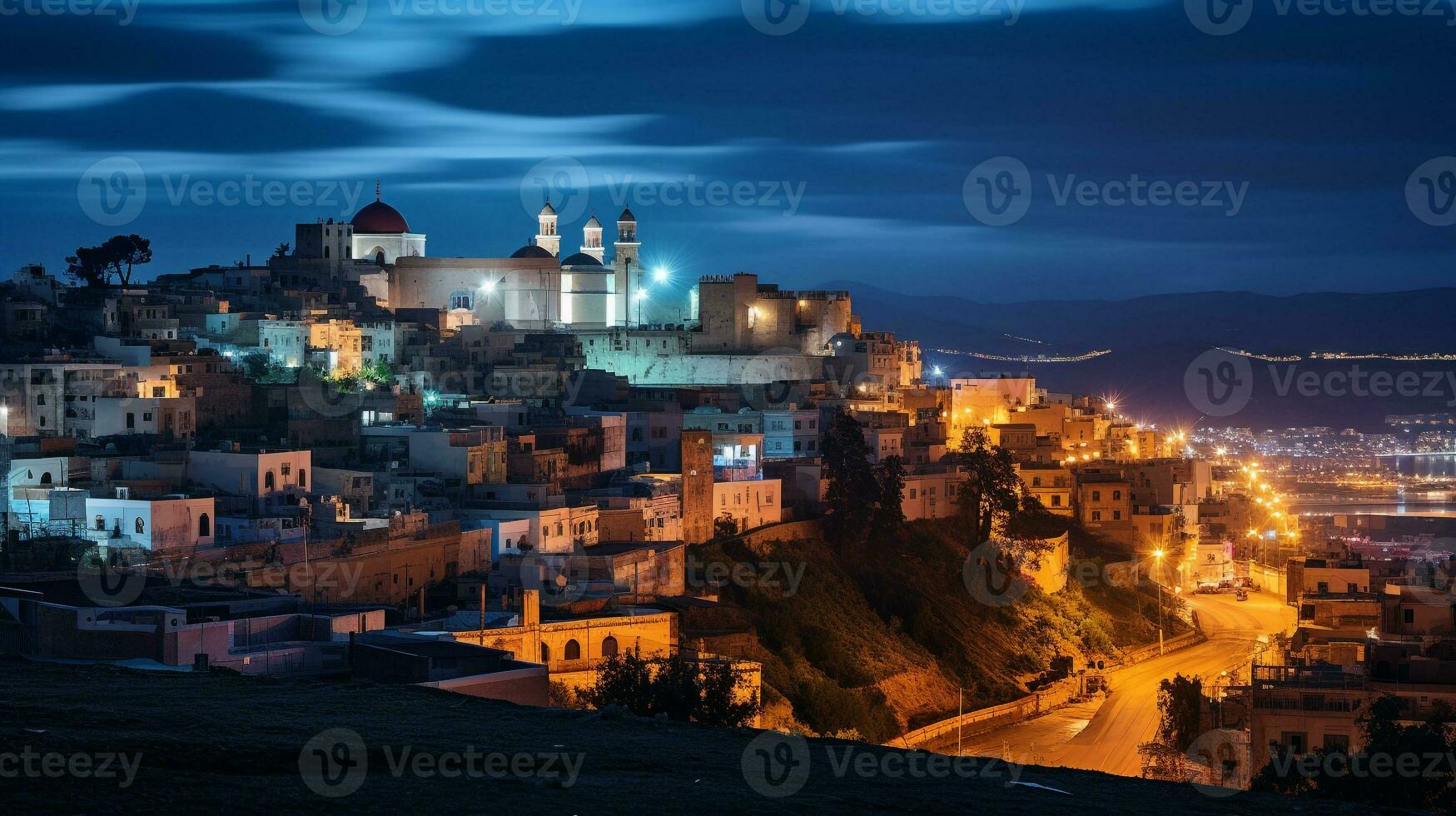 Night view of Kasbah of Algiers. Generative AI photo