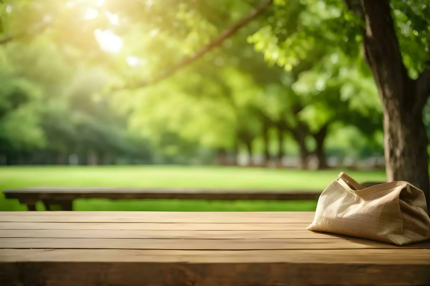table background of free space for your decoration and blurred landscape of forest. AI Generated. photo
